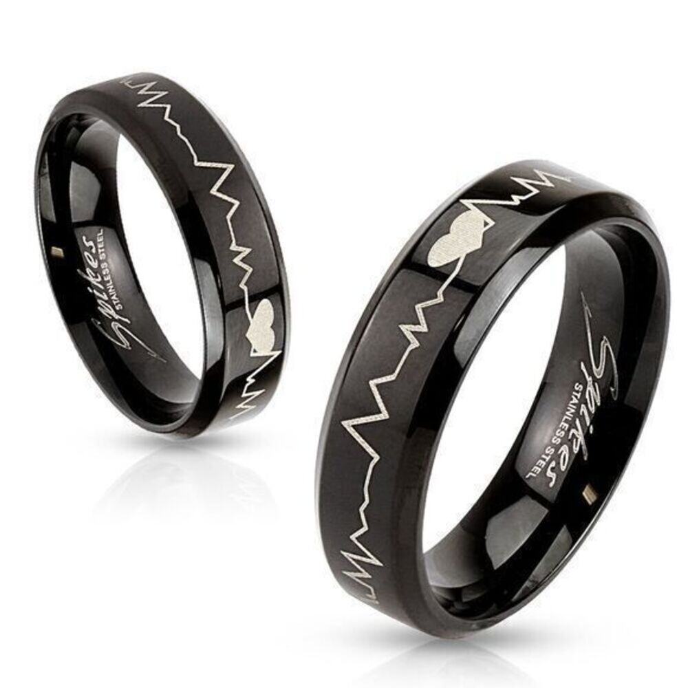 Heartbeat Laser Etched Stainless Steel Black IP Band Ring Size‎ 11